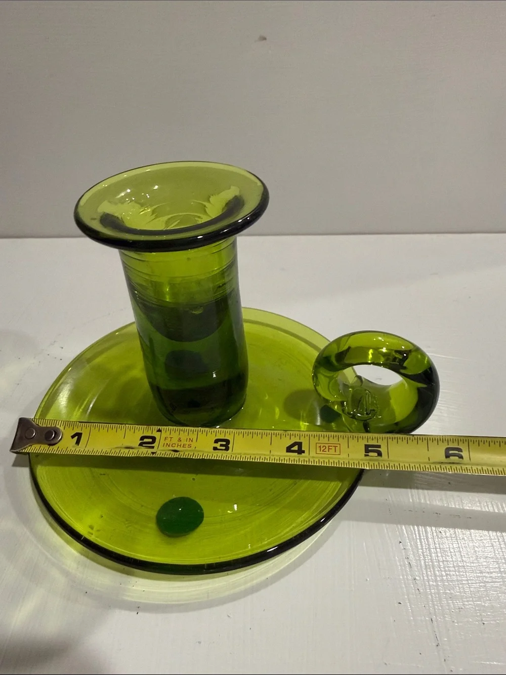 Jamestown Colonial Green Glass Chamberstick Candlestick Holder vintage